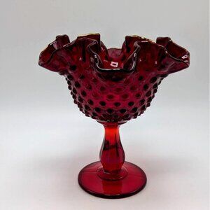 Fenton Red Glass Ruffled Hobnail Compote Pedestal Decorative Candy Dish